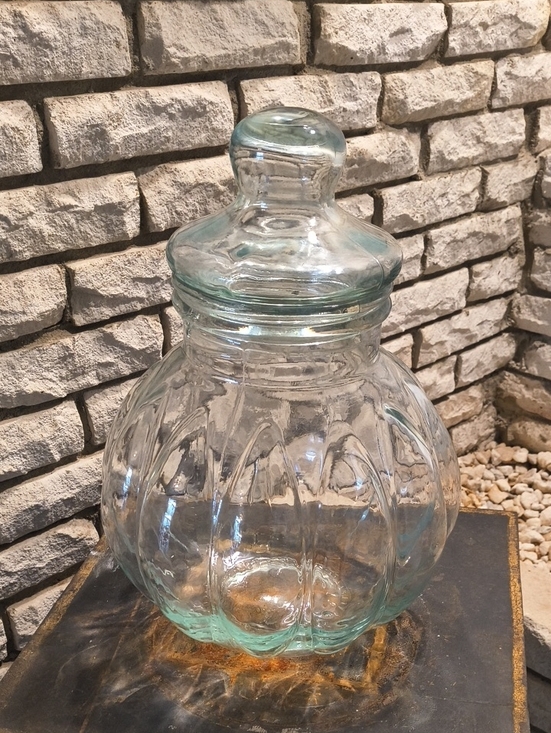 Other - Clear Glass Apothecary Jar with Lid - Scalloped Pumpkin Style 13 In.